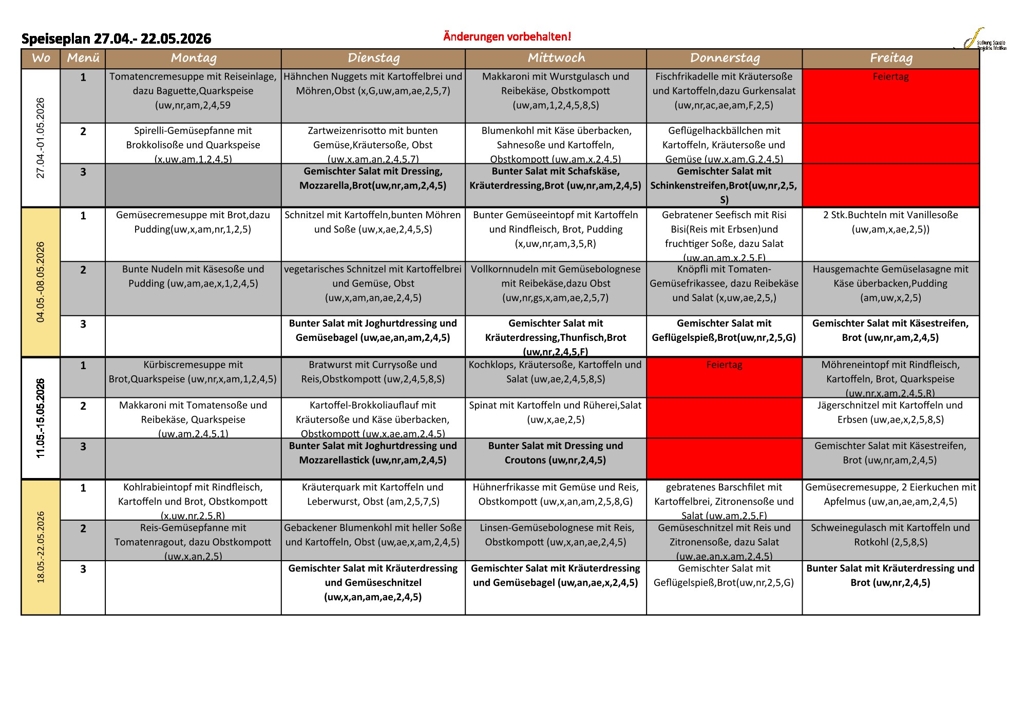 Speiseplan Mai 2026