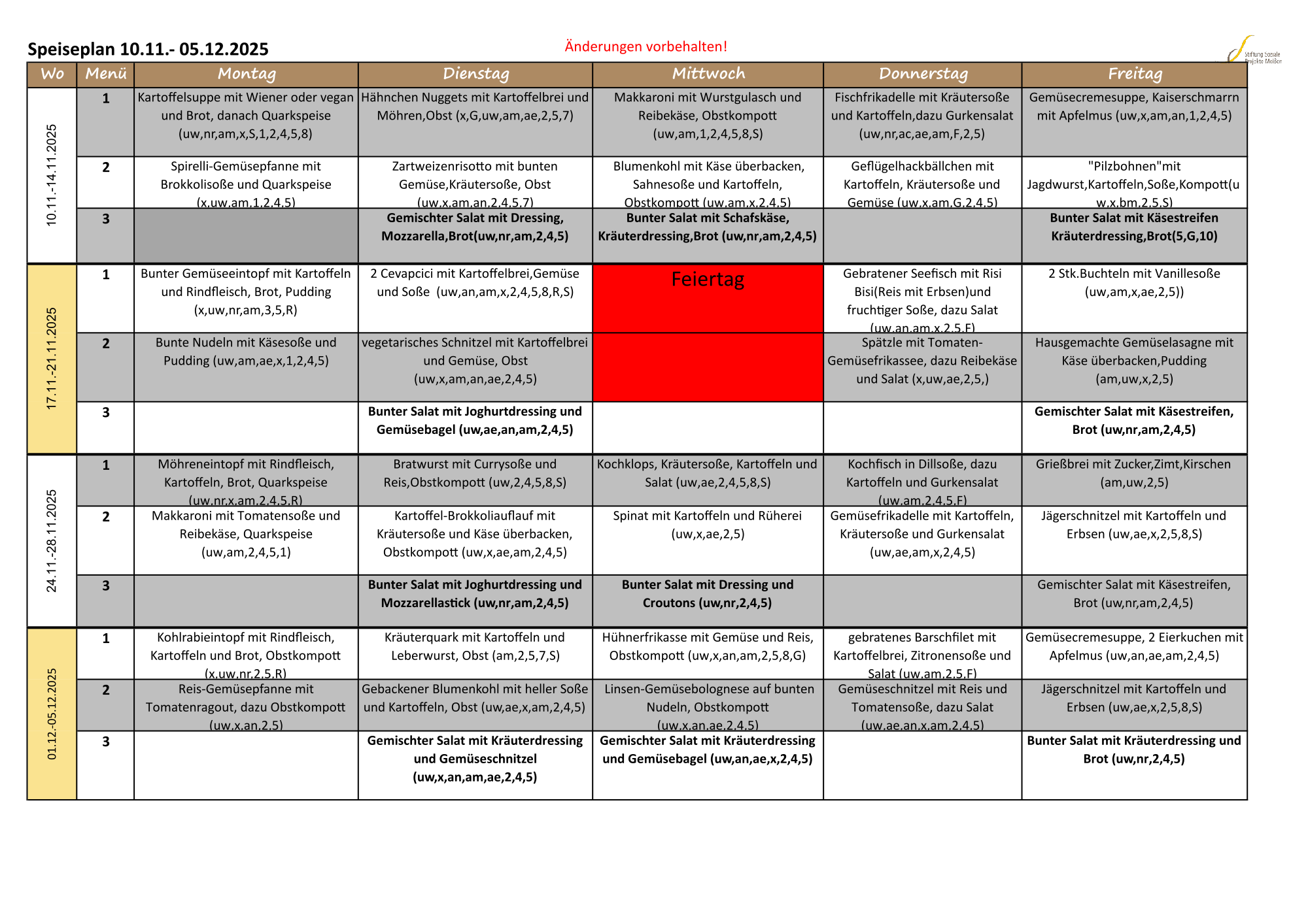 Speiseplan November/Dezember 2025 Speiseplan November/Dezember 2025
