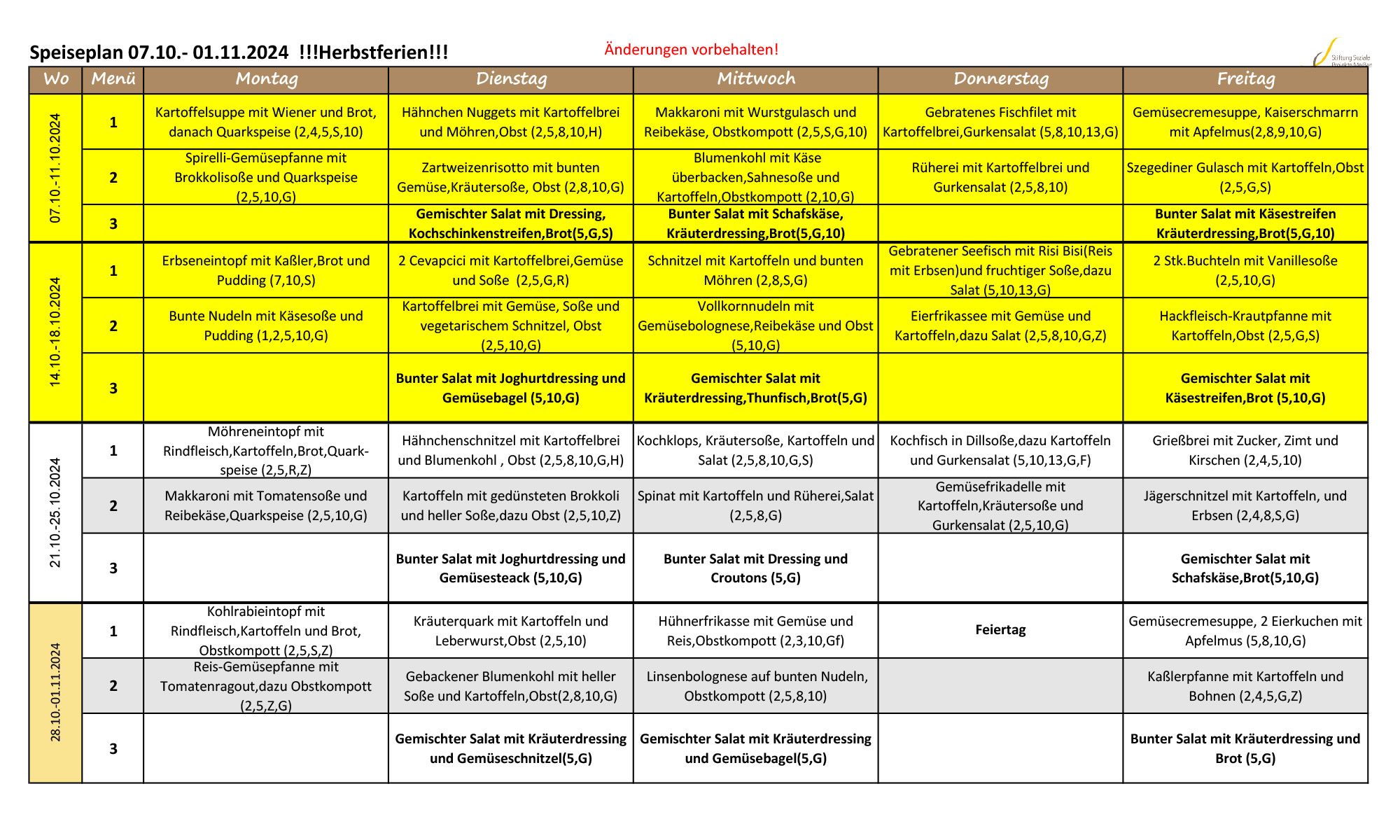 Speiseplan Oktober 2024