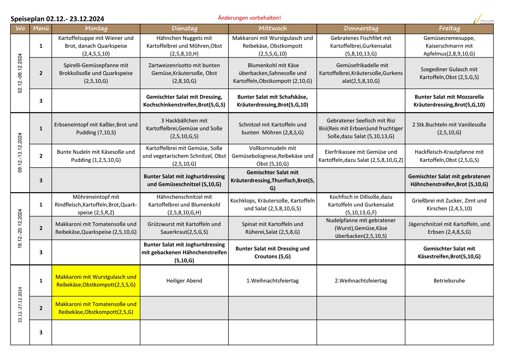 Speiseplan Dezember 2024